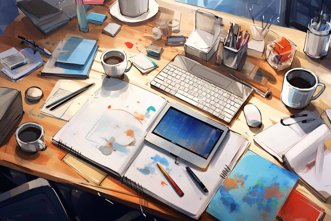 An image showing a variety of collaboration tools such as pens, paper, telephones, and modern digital platforms, representing the seamless integration of traditional and modern means of communication in a thriving office environment. by Ted Tschopp and Midjourney